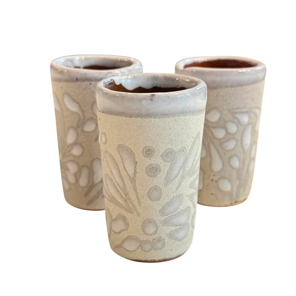 Vtg Mexican Stoneware Shot Glasses Set of 3 Talavera Floral Relief Tequila Cups